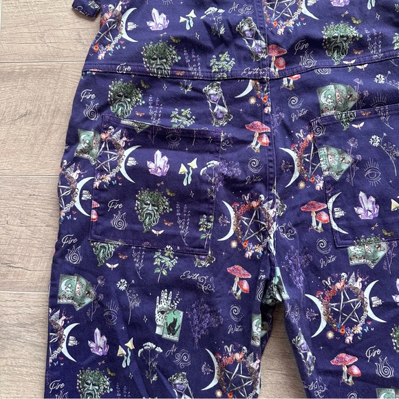 Jambats Elemental Mystical Purple Overalls with Moon, Crystals, Mushroom Print - Picture 7 of 12